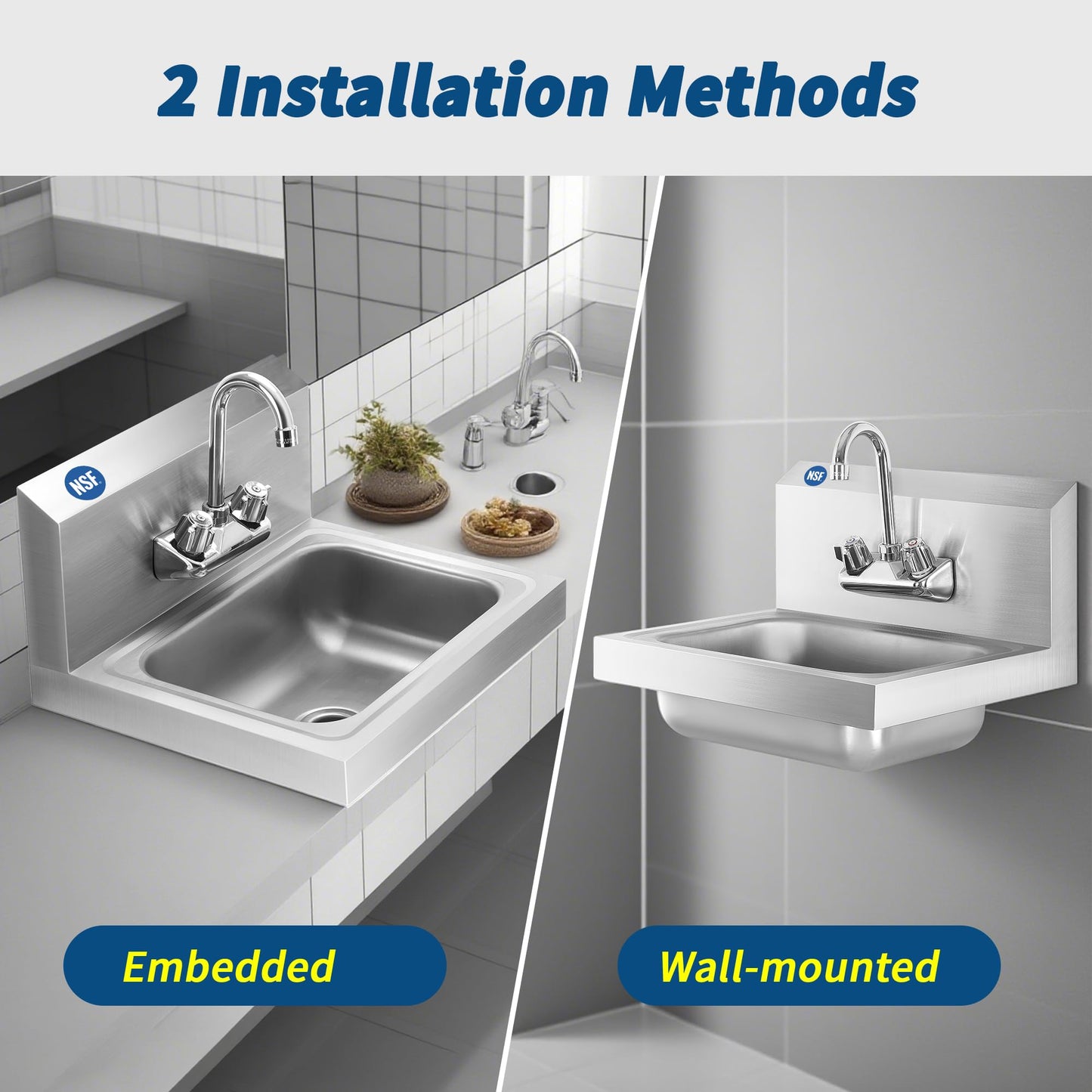 BIEAMA Stainless Steel Hand Sink NSF 17”x 15" Wall Mount Commercial Hand Washing Sink, with Strainer and Faucet, for Home, Stores, Restaurants, Bars
