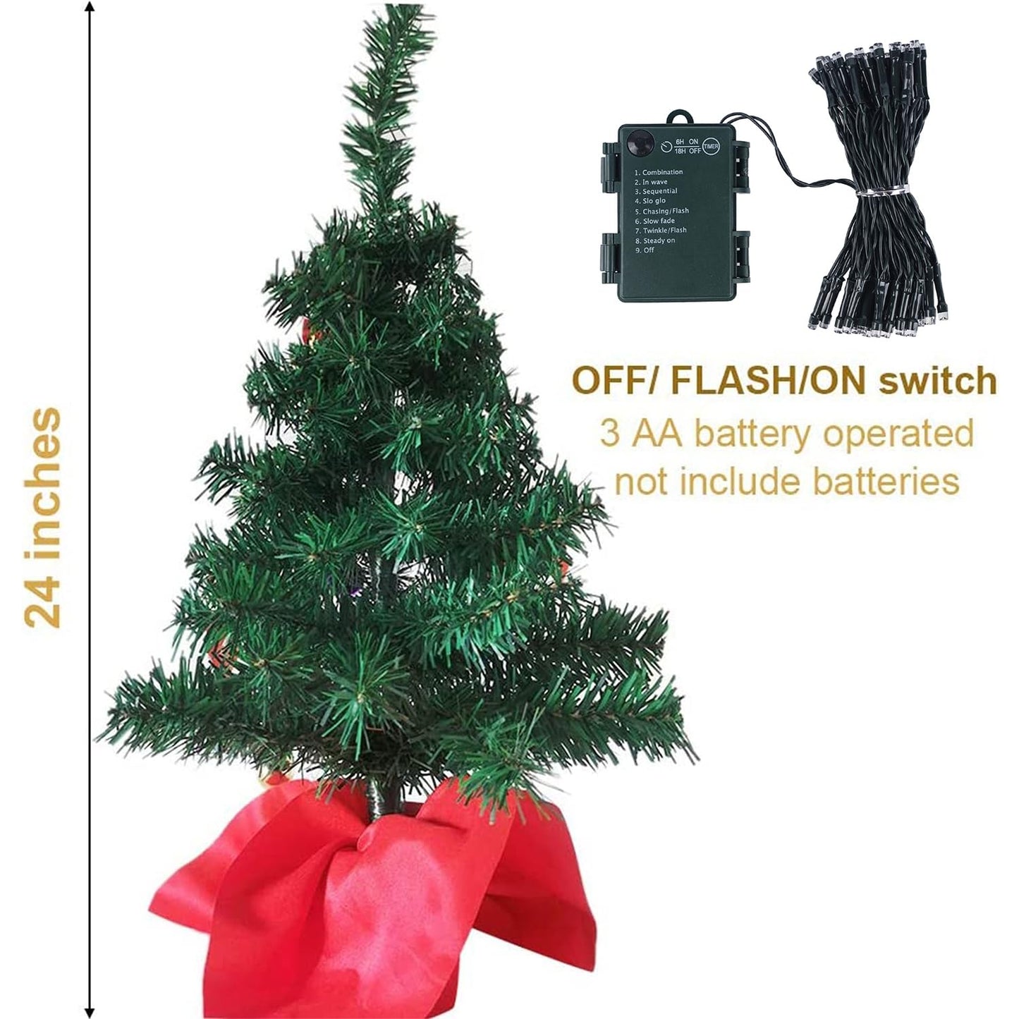 Juegoal 2 Pack Mini Christmas Tree Set 24 Inch / 2 FT, Table Top Artificial Christmas Trees with 50 LED Lights, Xmas Ornaments and Red Berries, Best DIY Christmas Decorations