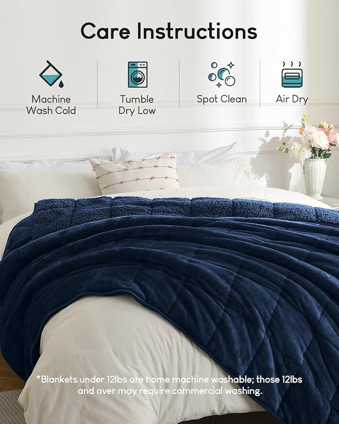 Cottonblue Sherpa Fleece Weighted Blanket 15 lbs for Adults, Warm Flannel Cozy Plush Bed Weighted Throw Blankets,Soft Fuzzy Winter Heavy Blankets Full Twin Size 48 x 72 inches for Sofa, Navy Blue