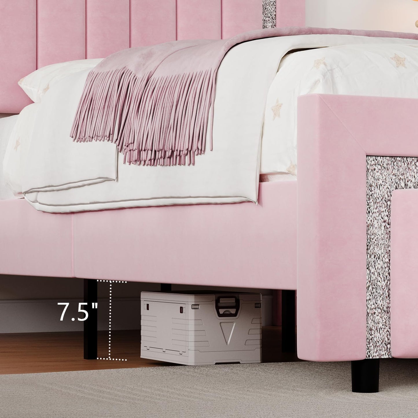 Queen Bed Frame with Headboard, Pink Velvet Upholstered Bed Frame with Diamond Footboard, Soft Bed Frames, Vertical Channel Tufted Design, No Box Spring Needed, Easy Assembly, Pink