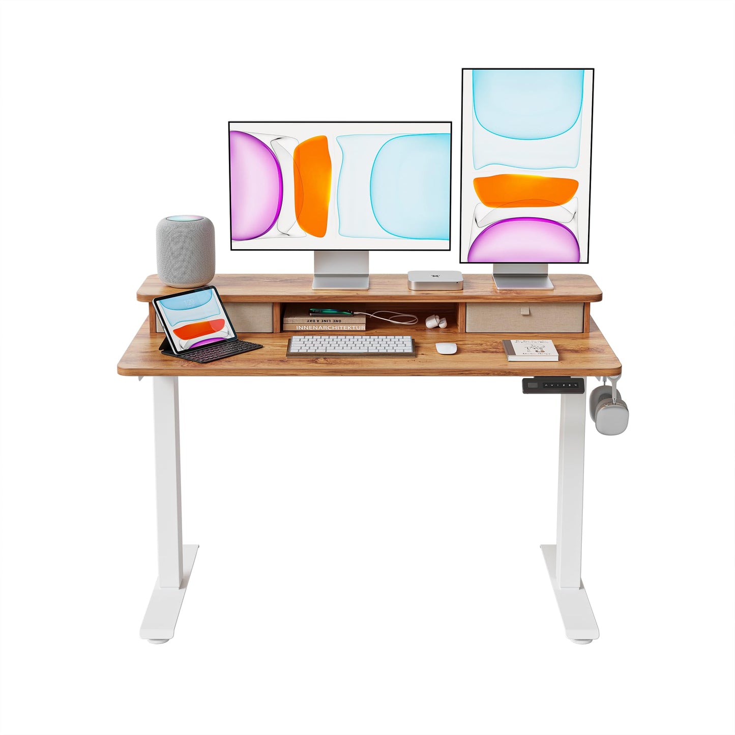 BANTI 48x24 Inch Electric Standing Desk with Dual Drawers, Height Adjustable Stand Up Table, Sit Stand Home Office Desk with Storage Shelf, White Frame/Light Rustic Brown Top