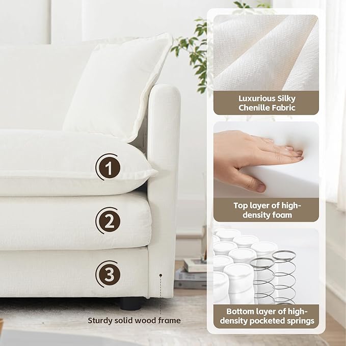 SoarFlash Chenille Sectional Sofa, Comfy L Shaped Modular Coush Sofa with Ottoman, Modern 4 Seat Couch Deep Seat Sofa Set for Living Room,White