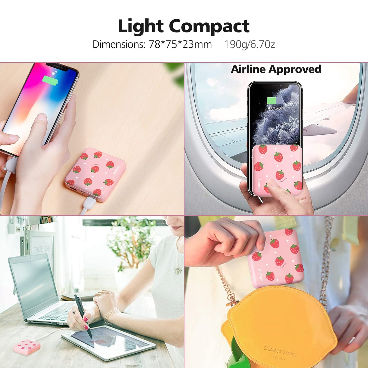 Yoobao Portable Charger 10000Mah, Cute Power Bank Usb-C For Girls Travel, 2 Outputs & 2 Inputs (5V/2.1A), Mini Phone Battery Pac