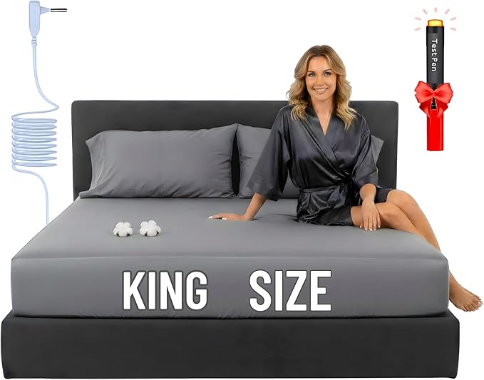 Grounding Sheets with Egyptian Cotton. Premium EMF Protection Grounding Fitted Bed Sheets King Size. 95% Egyptian Cotton + 5% Silver Fiber (Gray, King, Fitted), grounding Well Bed Sheets.