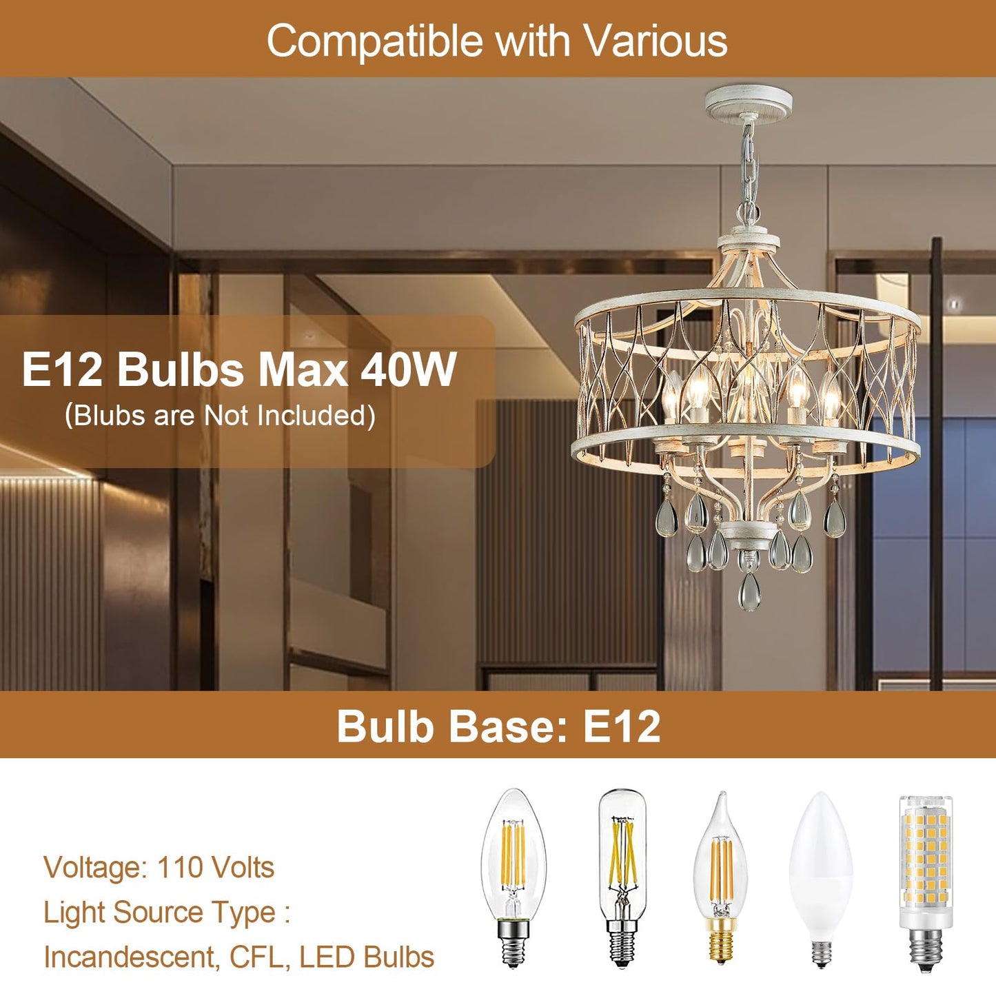 Uiimeces Modern Crystal Chandelier, 5-Light Farmhouse White Chandelier for Dining Room Vintage Hanging Pendant Light Fixtures Round Chandelier for Kitchen Island Entryway Foyer Bedroom Office Bar