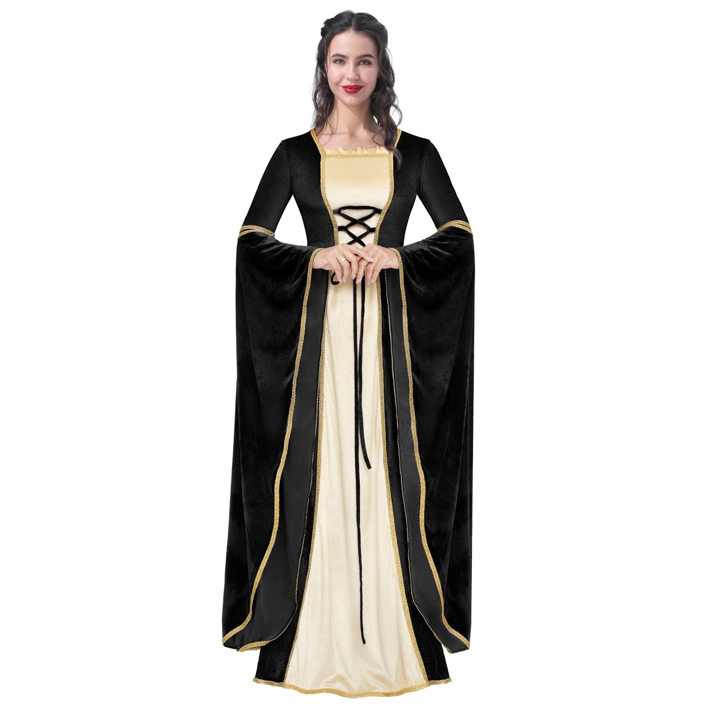 Spooktacular Creations Renaissance Costume Women, Black Velvet Medieval Dress for Women, Irish Fairy Renaissance Dress with Decorated Lace for Wedding, Halloween Cosplay Themed Party (Medium)
