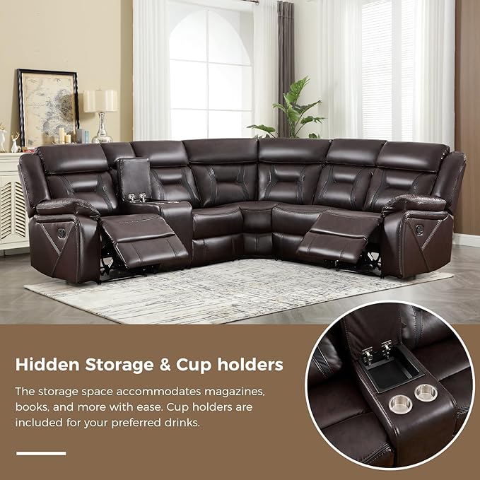 EBELLO Manual Reclining Sectional Sofa for Living Room, L-Shaped Sectional Corner Reclining Sectional Couches Home Furniture Set with Center Console, Hidden Cup Holders and Storage, Dark Brown