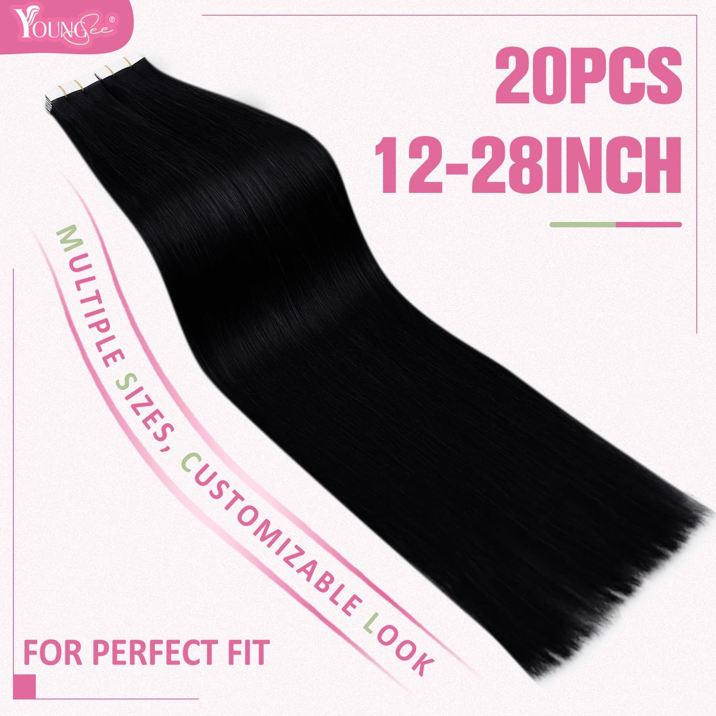 YoungSee Invisible Tape in Hair Extensions Black Human Hair Tape in Extensions Jet Black Tape ins Human Hair Extensions for Shor