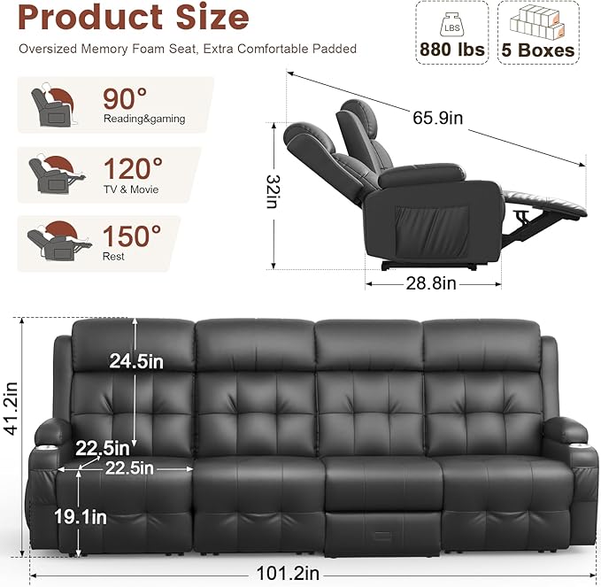 Aotolo Recliner Sofa, Massage Reclining Sofa 4 Seater Sets Heavy Weight Capacity, RV Loveseat Couch Clearance with Flip Back Console, Storage, Cup Holders, Wall Hugger Reclining Couch for Living Room