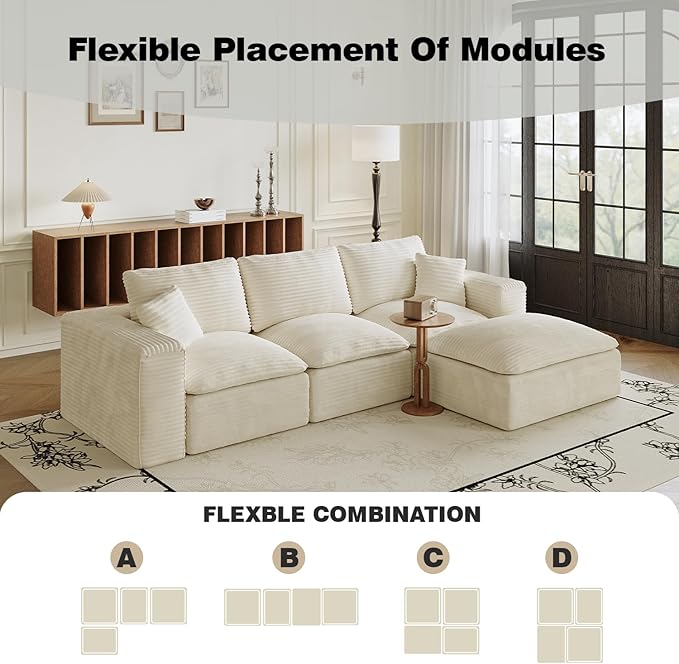 ZIGHTH 108" Plush Corduroy L Shaped Sectional Cloud Sofa Couch with Ottoman, Soft Deep Seat Modular Sectional Couches for Living Room,No Assembly. Beige