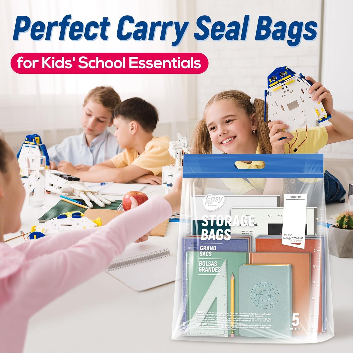 EASYYOURHOME 5PCS 5 Gallon Zipper Lock Plastic Bags with Handle and bottom,18"x23"+7",Extra Large Size Reusable Storage Bag with Double Zip for Clothing,Travel,Moving,Beach,BPA-Free,3-Mil Thick