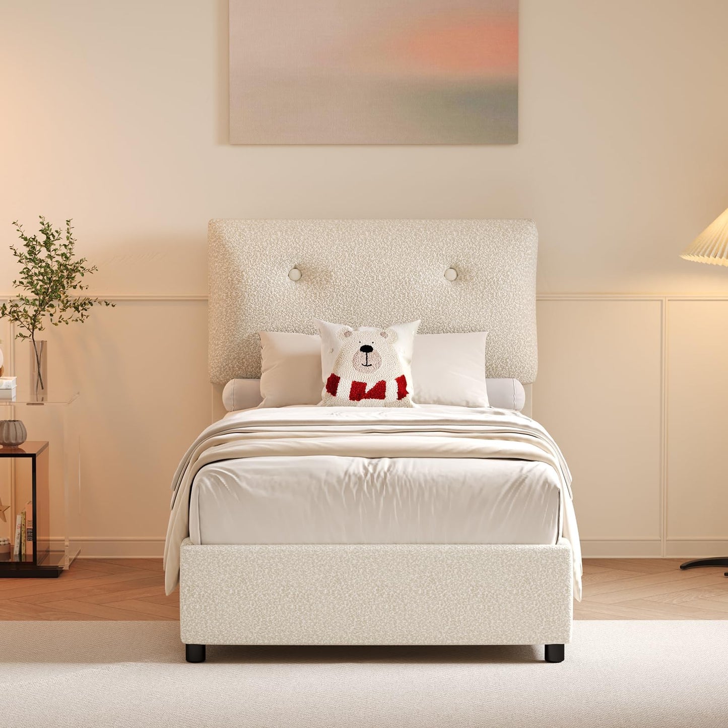 Twin Bed Frames,Breathable Boucle Fabric Upholstered Bed Frame Twin with Headboard,Removable and Washable,Wood Slat Support,No Box Spring Needed,Easy Assembly,Cama Individual,Beige