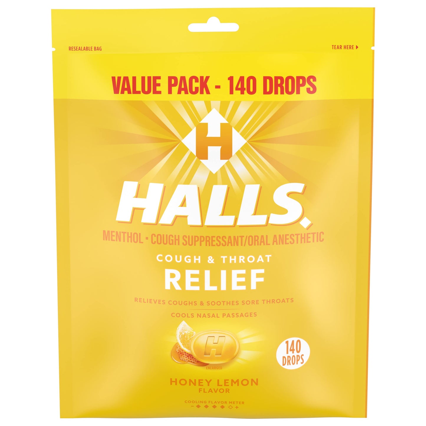 Halls Relief Honey Lemon Cough Drops, Value Pack, 140 Drops (Pack of 2)