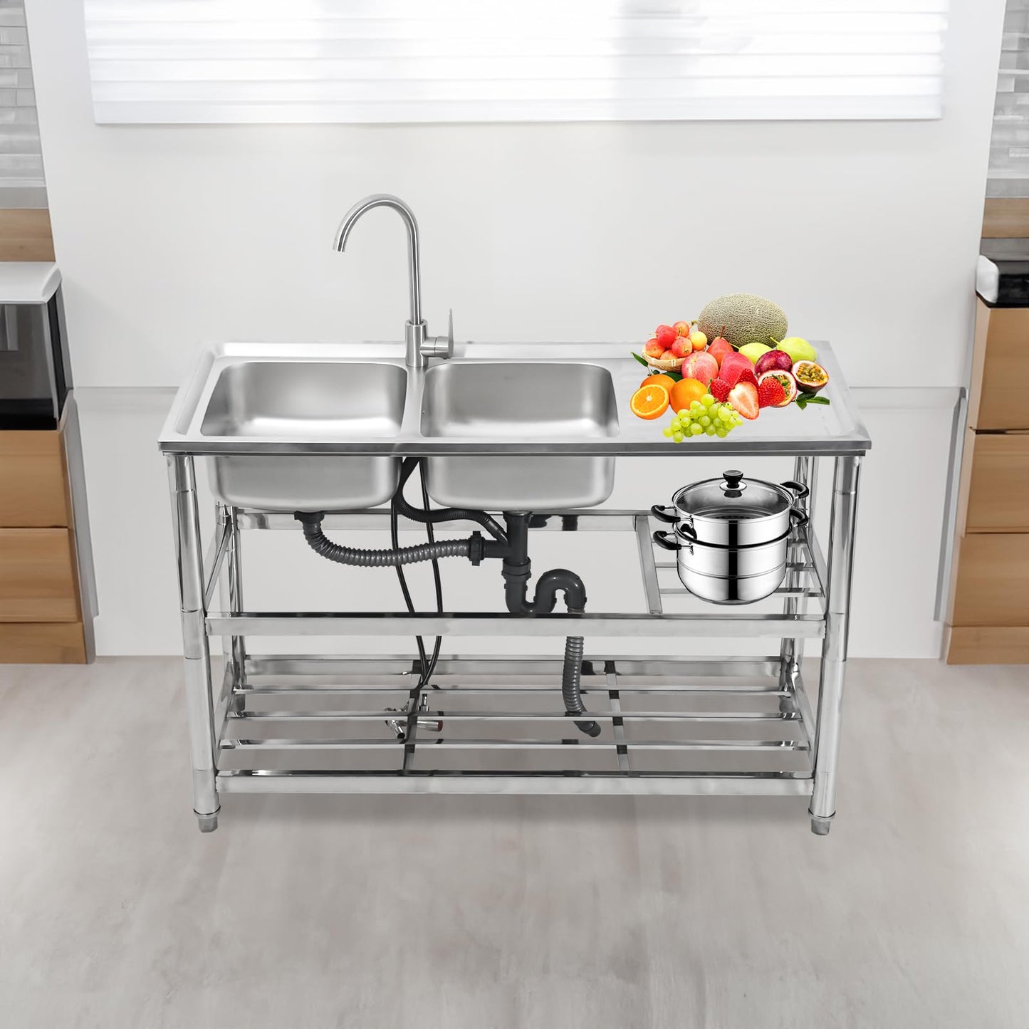 DuyviSteil Free Standing Double Bowl Sink, Stainless Steel Utility Sink, Commercial Restaurant Kitchen Sink Set, Water Pipe & w/Workbench & Storage Shelves Indoor Outdoor (47in)