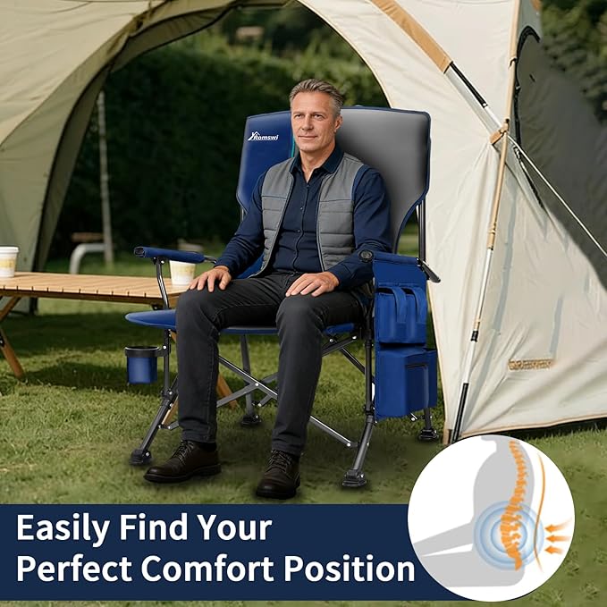 Romswi Oversized Camping Folding Chairs, Heavy Duty for Adults Support 500 LBS, High Back Camp Chairs with Hard Armrests, Cup Holder & Side Pockets for Outdoor, Garden 2 Pack