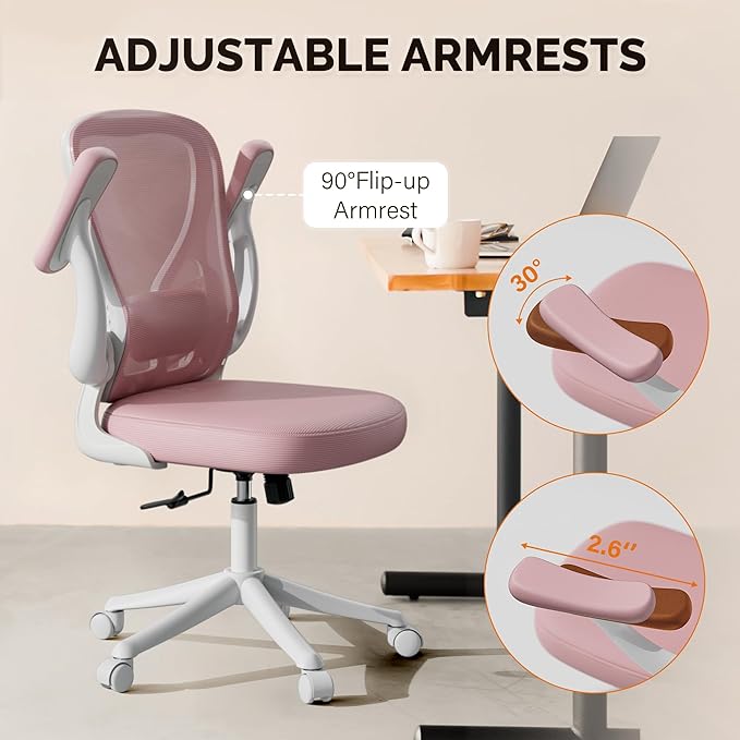 Ollega Computer Desk Chair with Wheels, Mesh Office Chair with Flip Up Arms, Adjustable Lumbar Support, Swivel Desk Chair Comfy, Pink