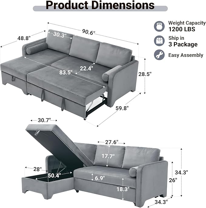 Tbfit 90.6'' 3 in 1 Sleeper Sofa Couch with Storage Chaise, Velvet Sofa Bed with Pull Out Bed, Convertible Sleeper Sofas for Living Room, Small Spaces, Grey