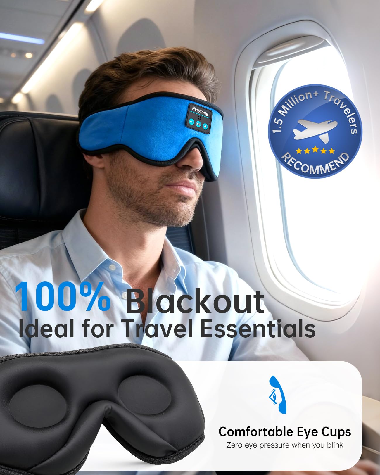 Sleep Mask with Bluetooth 5.4 Headphones, Wireless Music Sleep Eye Mask for Side Sleepers, 3D Contoured Comfort & Built-in HD Stereo Earphones, Noise Canceling & Blackout for Travel (Bright Blue)