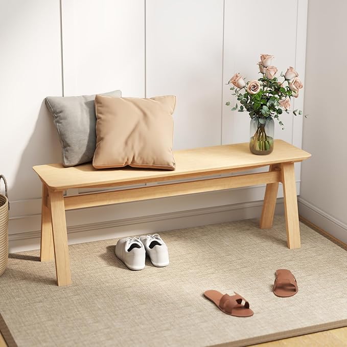 DUOMAY Solid Wood Long Dining Bench, 47" Wide Farmhouse Bench with A-Shaped Legs Mid Century Modern Entryway Bench Shoe Bench for Hallway End of Bed, Original Wood Color