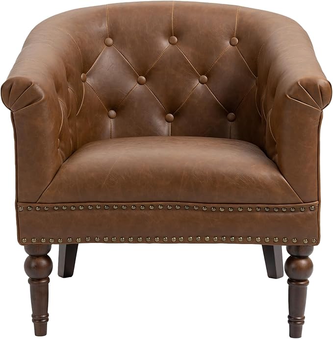 UIXE PU Leather Barrel Accent Chair, Modern Club Chair Upholstered Armchair for Living Room, Nailed Trim Arm Chair Comfy Single Sofa Bedroom Reading Seat, Brown