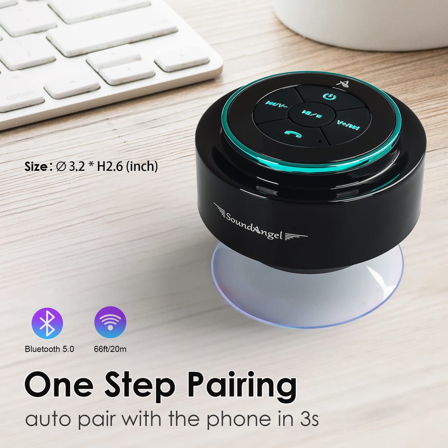 XLeader, Upgraded, Pro Shower Speaker, Certified IPX7 Waterproof Bluetooth Speaker with Suction Cup, Hook Clip, Built-in Mic, Crystal Sound&Rich Bass, up to 12H Playtime, Ideal Gifts - SoundAngel Mate