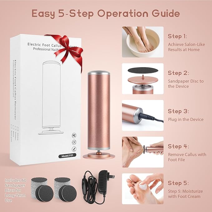 Electric Foot Callus Remover with 60pcs Sandpaper Discs, 4.8IN Aluminum Foot File for Dead Skin and Cracked Heels, 800RPM Professional Pedicure Tool for Home Spa Use