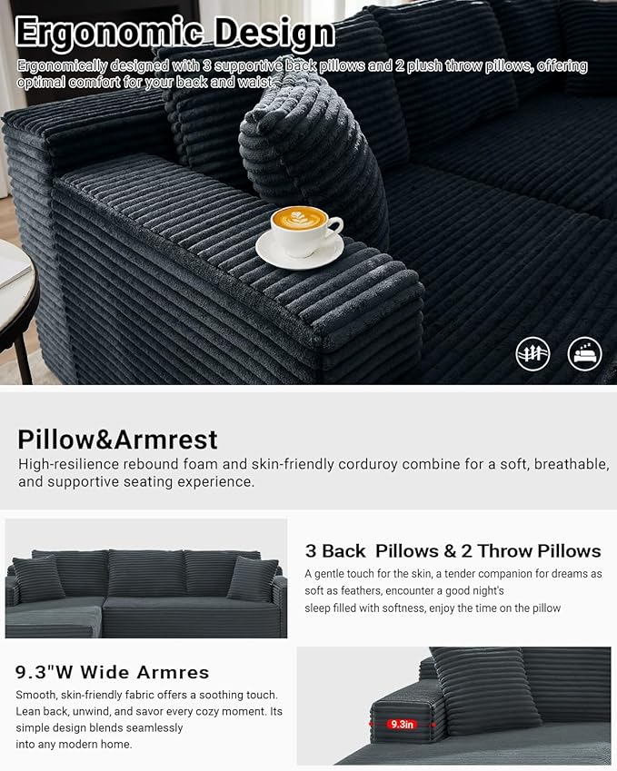 105 Inch Cloud Sectional Couch,Modern Modular Sectional Sofa with Deep Seat,Corduroy Boneless Couches with L-Shape Chaise for Living Room Bedroom,No Assembly Required (Dark Grey, Left Facing Chaise)