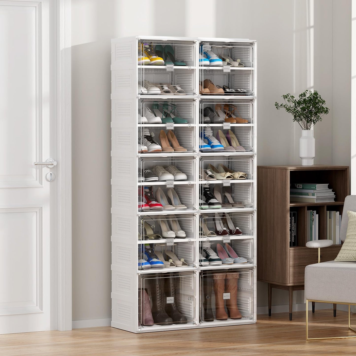 BROVIEW 9 Tiers 36 Pairs Heavy Duty Shoe Storage and Organizer, Hard Plastic Stackable Shoe Box, Shoe Cabinet storage for Entryway, Large Shoe Storage Bins, Folding Shoe Rack with Magnetic Door