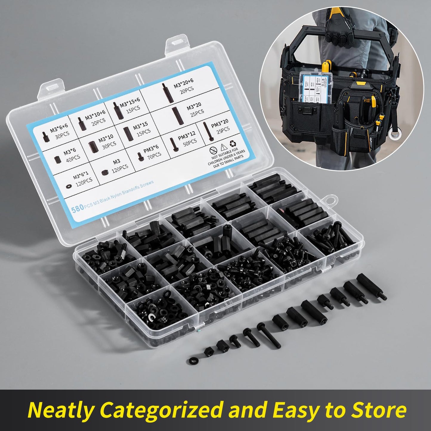 580 PCS M3 Black Nylon Standoff Kit with Spacers, Screws, and Nuts - Motherboard & PCB Mounting Standoffs and Screws, Threaded Pillar Spacers for Circuit Boards and Computer Building