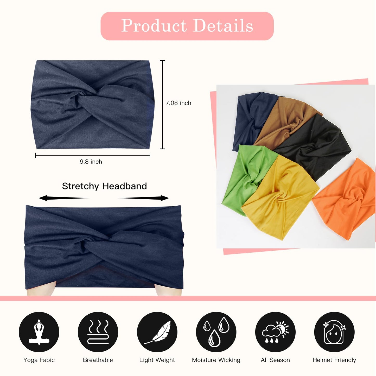 Tobeffect Extra Wide Turban Headbands for Women, 7'' Large Hairbands Boho Colorful Headband Twisted Knot Hair Accessories, 6 Pac