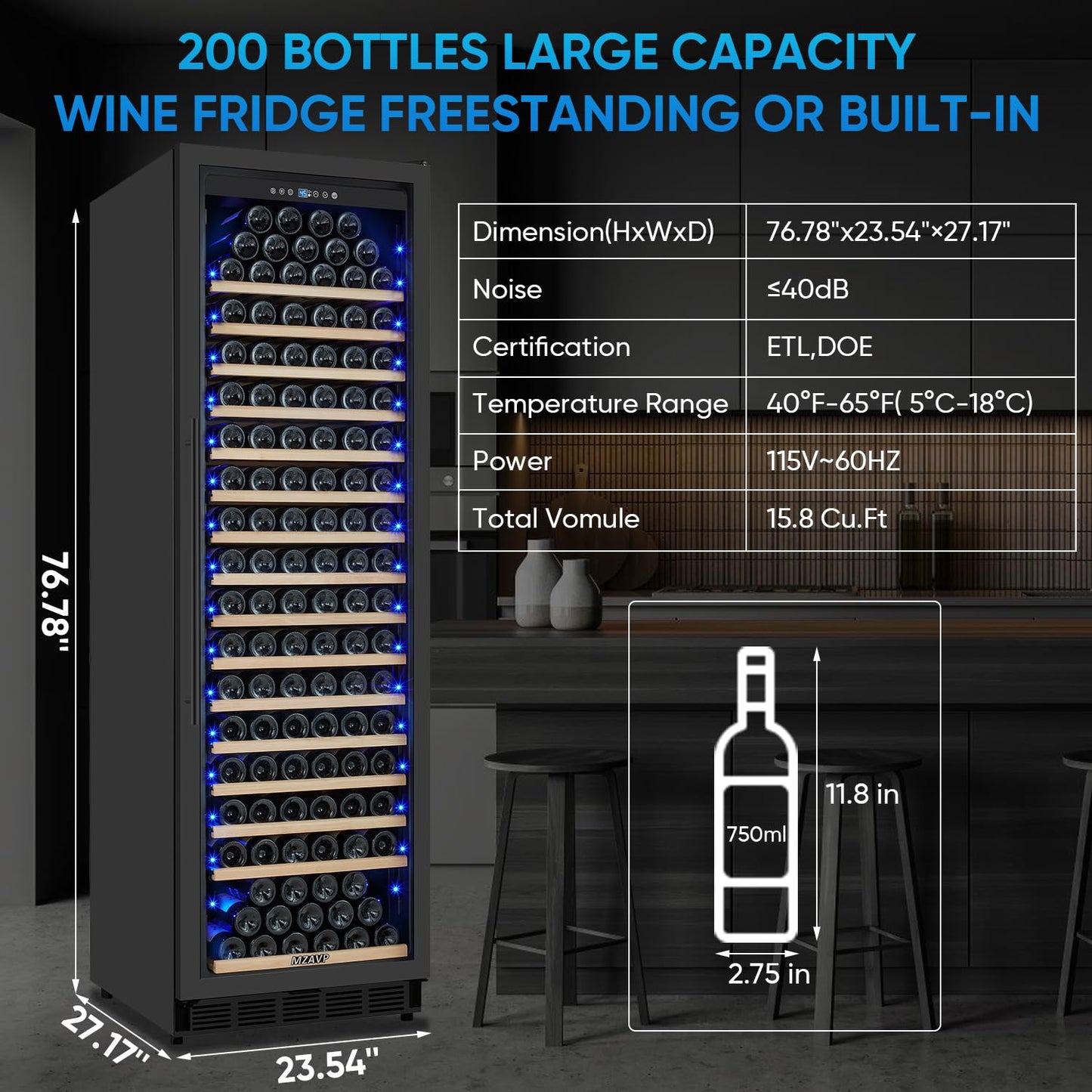 MZAVP Large Wine Fridge, 200 Bottles Wine Fridge with Fast Cooling and Intelligent Temperature Memory, Wine Cooler Refrigerator Freestanding or Built-in, Tall Wine Refrigerator with Glass Door, Black
