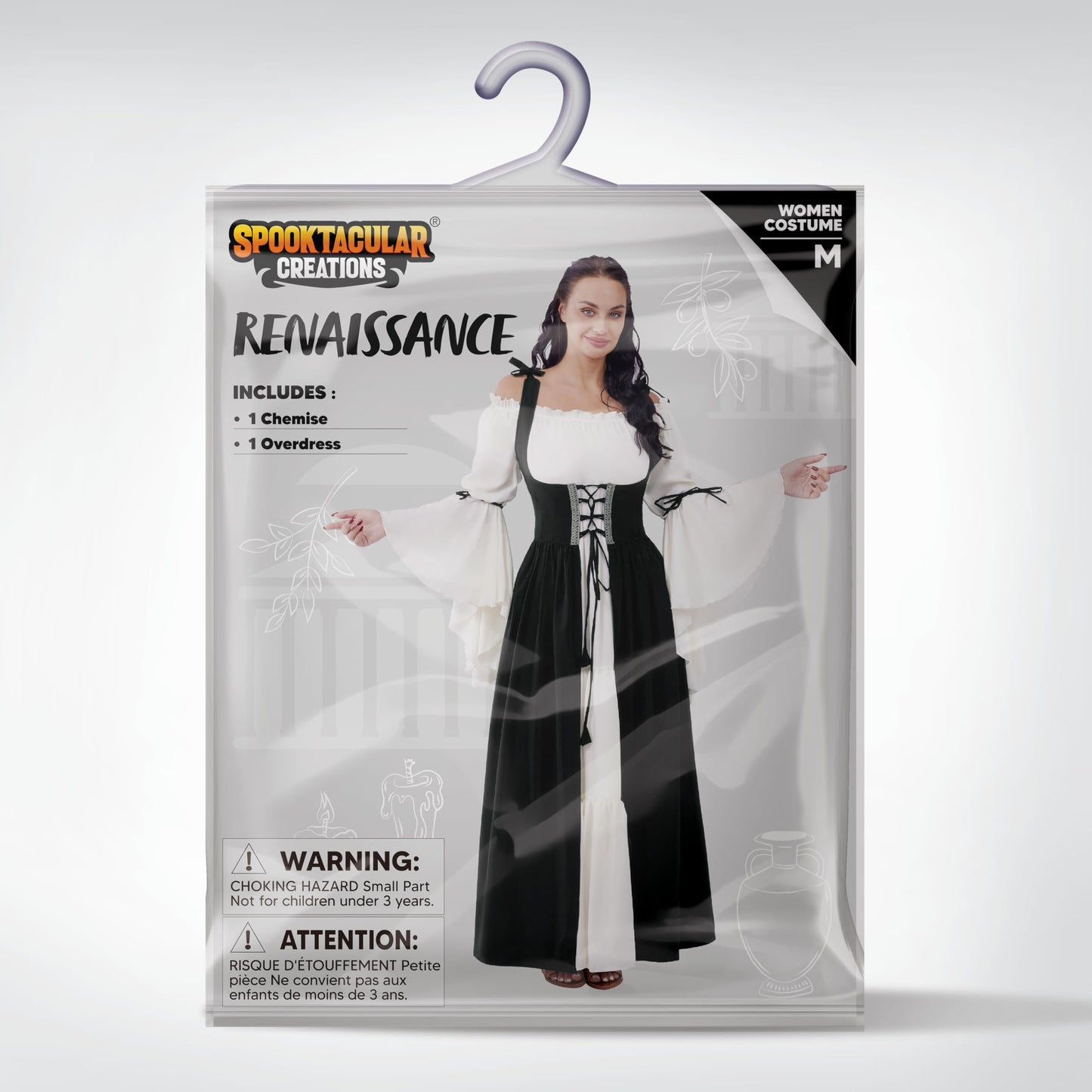 Spooktacular Creations Renaissance Costume Women, Medieval Black Chemise Ren Faire Dress Irish Overdress, Renaissance Corset with Trumpet Sleeve for Halloween Cosplay Wedding Themed Parties-S