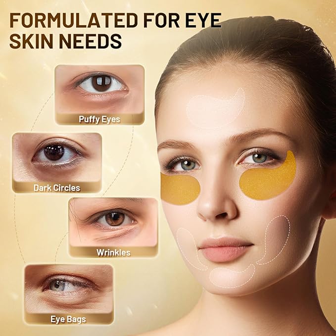 24K Gold Infused Hydrogel Eye Patches - 30 Pairs for Dark Circles, Wrinkles, Eye Bags & Puffy Eyes | Retinol & Collagen Complex, Hydrating Firming Treatment Alternative (Gold)