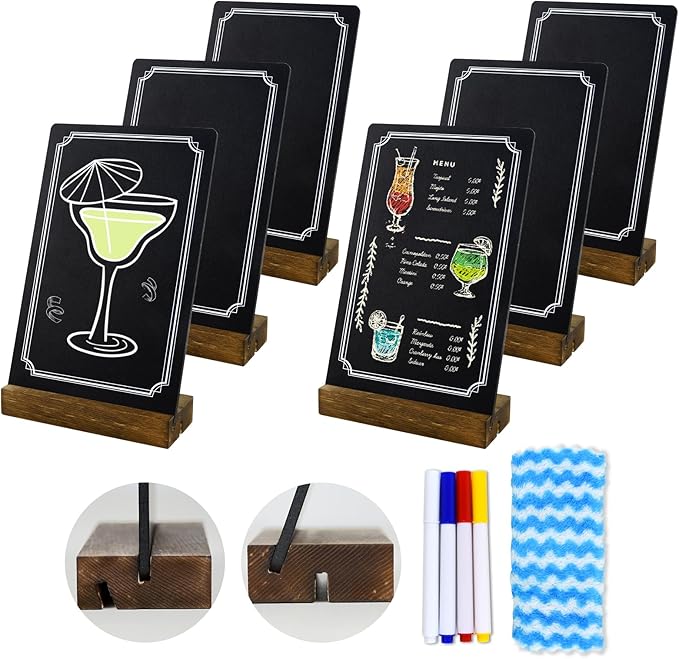 Horchen 6 Pack Small Chalkboard Signs With Stand, 8x5'' Table Top With Wooden Base, Double-Sided Mini for Food Message Boa...