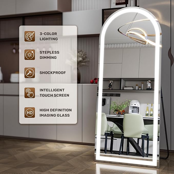 26x68 inch Full Length Mirror with Lights, LED Lighted Floor Standing, Hanging Full Length with Stand, Full Body Dressing Mirror with Dimmable 3 Color LED