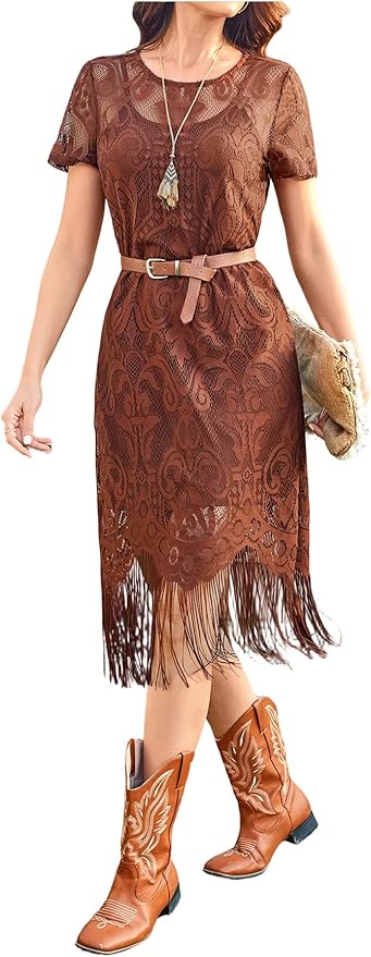 WDIRARA Women's Western Concert 2 Piece Outfits Short Sleeve Sheer Fringe Dress and Cami Dress Set