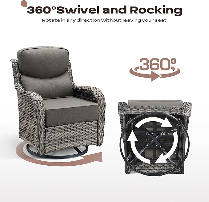 Rilyson Outdoor Swivel Rocker Chairs - All Weather Resistant Wicker Patio Furniture Set of 2 with High Back and 6 inch Thick Cushions for Deck Porch Yard and Poolside, Mixed Grey/Grey