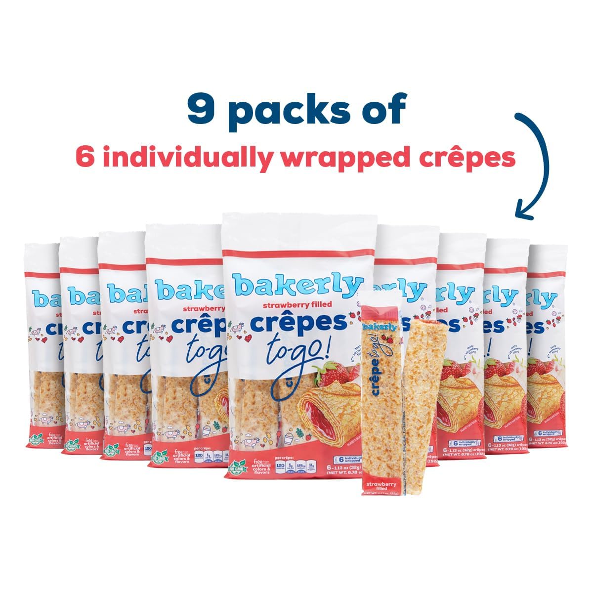 bakerly Strawberry Filled Crepes to go! Non GMO, Free from Artificial Flavors & Colors, Pack of 9, 6-Count (54 Total Crepes)