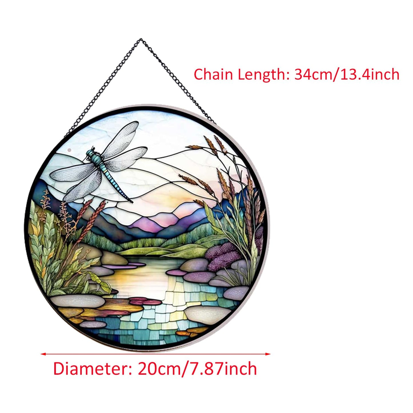 Payutou River and Dragonfly Pattern Suncatcher Stained Glass,Hanging Stained Glass for Windows,20cm/7.87inch Hand-Painted Sun Catcher Garden Hangings Painted Glass Panel Decor Themed Gift
