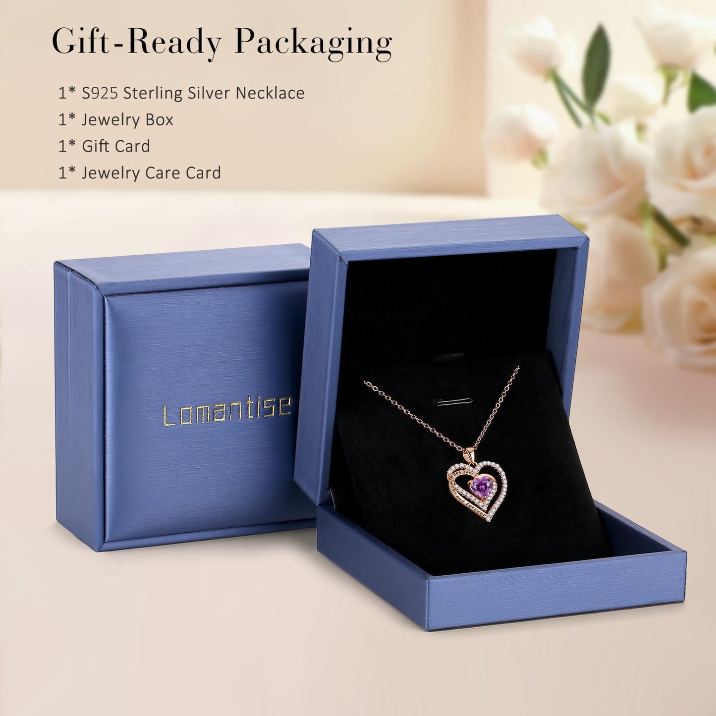 Lomantise Heart Birthstone Necklace Gifts for Women, 925 Sterling Silver Pendant Necklace Wife Birthday Gifts Anniversary Christmas Gifts for Women Wife Girlfriend Mom Her