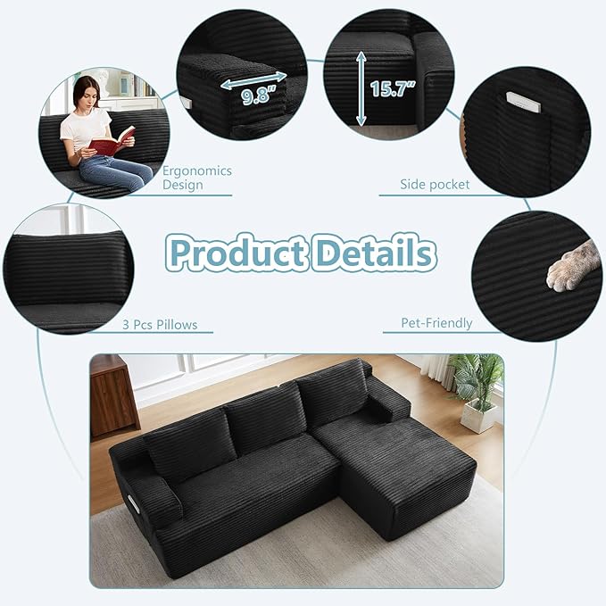 96" Cloud Sectional Couch with L-Shape Chaise, Modern Corduroy Boneless Couch for Living Room,Memory Foam Sofa with Deep Seat,No Assembly Required (Black,Right-Facing Chaise)