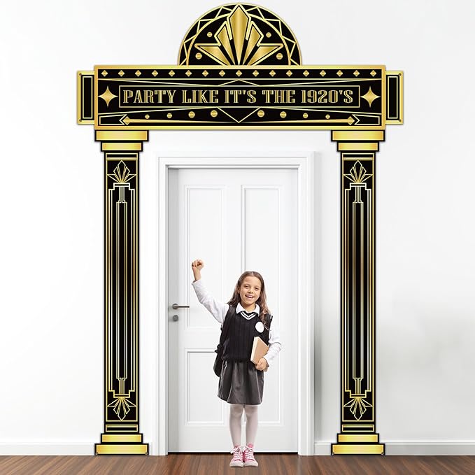 3pcs Roaring 20s Porch Banner Retro 1920s Party Door Hanging Decoration Black and Gold Backdrop Roaring Twenties Porch Sig...