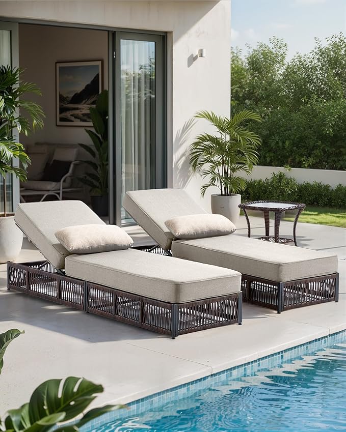 ACTREST Luxury 2PCS Outdoor Chaise Lounge and Side Table Set with 5 Inch Thick Cushions - High Back Brown Wicker Patio Recliners Chairs Lounger for Poolside Pool Porch Garden Sunbathing - Beige
