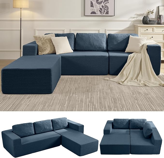 Furnify 40" Memory Foam Couch Footrest, Cloud Modular Sofa with Removable Cover, Upholstered Floor Sofa Ottoman, Upholstered Sofa for Bedroom Living Room, No Assembly Required (Teddy Boucle, Blue)