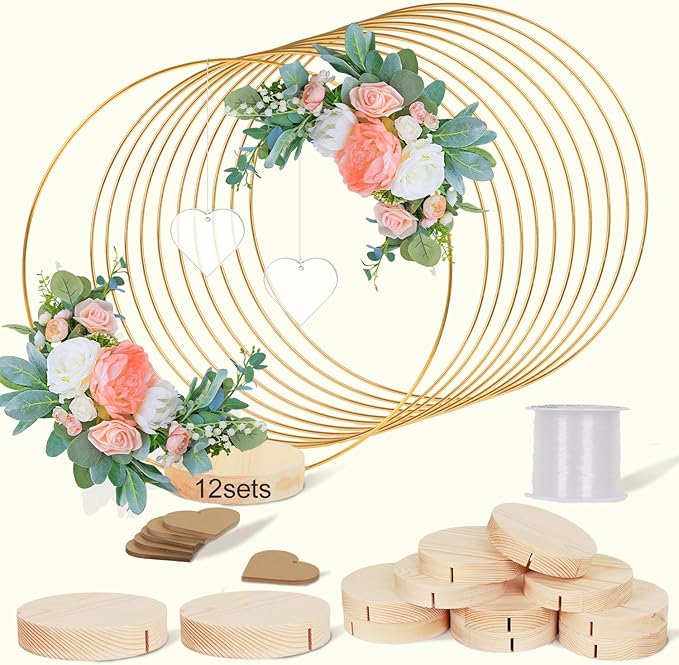 GUDELAK 12 Set 12 Inch Floral Hoop Centerpiece Table Decorations with 2 Heart Shaped Acrylic, Gold Wedding Centerpieces wi...