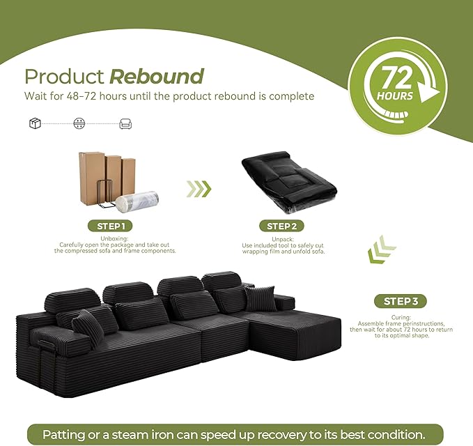 136" L-Shaped Cloud Modular Sectional Sofa with Chaise & Headrest, Boneless Deep Seat Plush Corduroy Couches for Large Living Room, No Assembly Required (Black, 136" L-shapred Chaise)