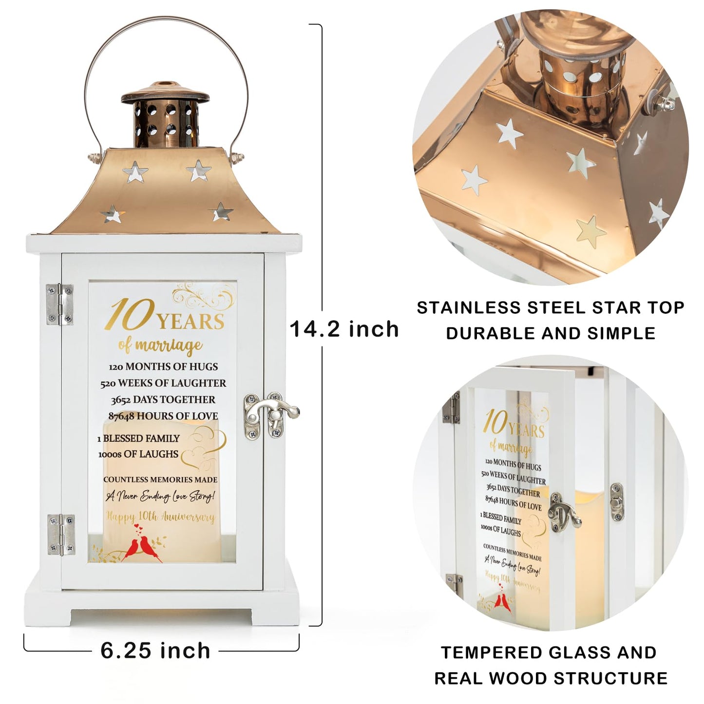 10th Wedding Anniversary Lantern, Happy 10 Years Anniversary Ideas Gift for Wife Husband Couple Parents, Unique Marriage Keepsake Decoration for Him Her Friends