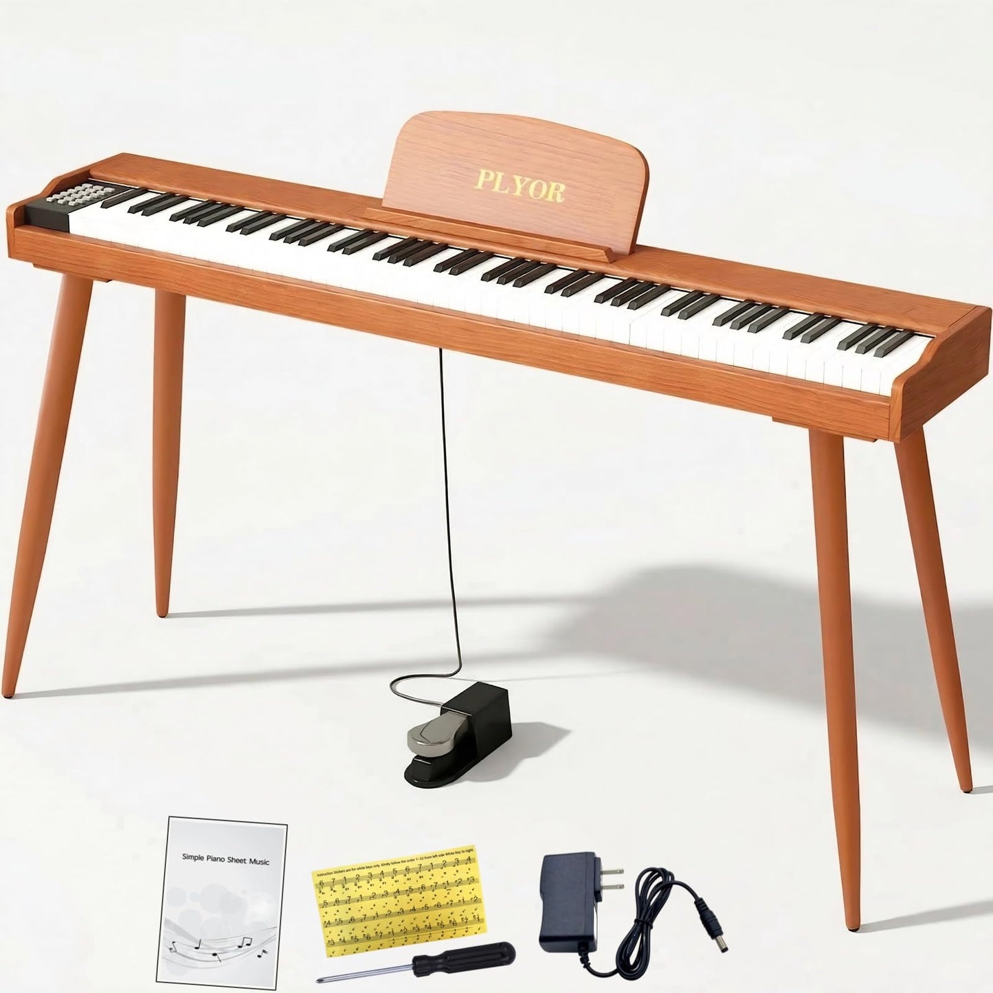 PLYOR 88 Key Digital Piano Keyboard with Stand & Sustain Pedal, Full-Size Semi Weighted Electric Piano for Beginners/Learners, Home Keyboard Piano with Headphone Jack, MIDI Connectivity, Brown