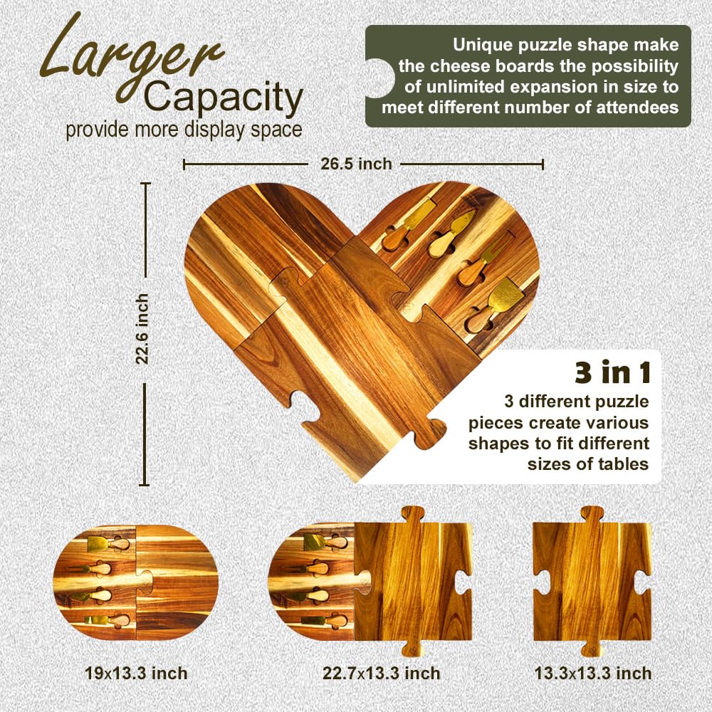 Large Charcuterie Board Set - 3 Pieces with Knife Set, Premium Acacia Wood Cheese Boards, Heart Shaped Serving Tray with Gift Box, House Warming Gifts New Home, Wedding & Bridal Shower Gift