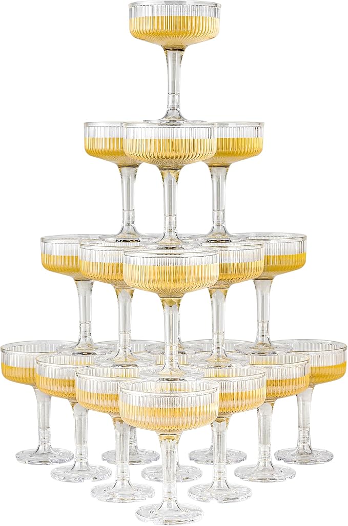 DORONAN 20 Pack Plastic Champagne Tower, 7oz Champagne Coupe Unbreakable Plastic Cocktail Glasses Acrylic Martini Glasses ...